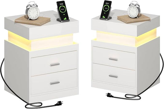 ChooChoo LED Nightstand Set of 2,Smart Night Standwith Charging Station and Sliding Top Storage, White