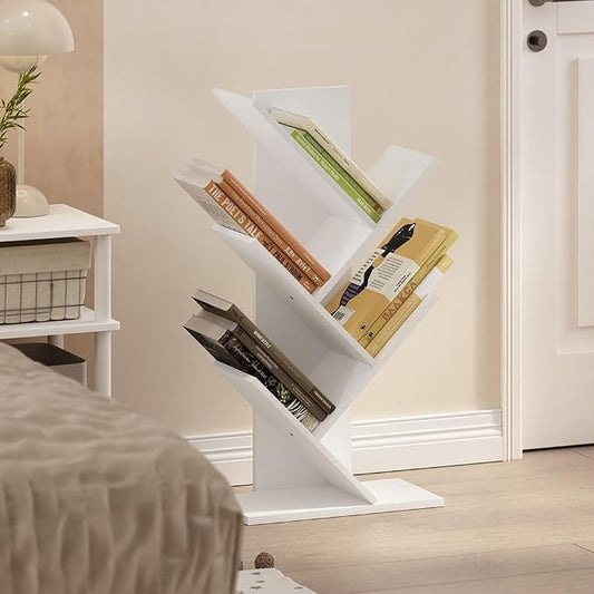 Furinno Tree Book Shelf, 5-Tier Bookshelf with Angled Open Shelf, Tree Bookcase for Room Decor, 8.4 x 15.7 x 30.3, for Organization and Storage, for Living Room, Bedroom, Home Office, White