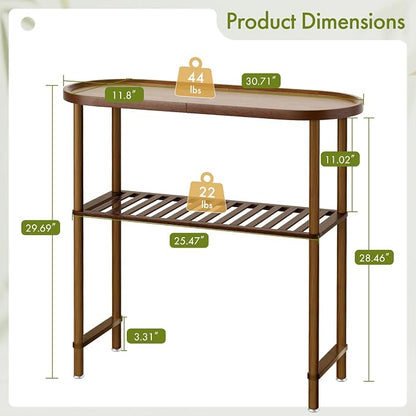 Small Entryway Table Bamboo 30.7", Narrow Hallway Table 2-tier, Slim Console Table with Anti-fall Edge, Sofa Side Table 5min Easy Assembly, Small TV Stand for Bedroom, Indoor Plant Stand, Dark Walnut
