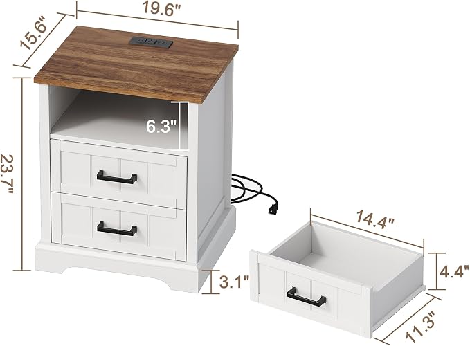 ChooChoo Farmhouse Night Stands with Charging Station, Wood Nightstand Set of 2 with 2 Drawers, Bedside Table with Open Storage Shelf for Bedroom, White