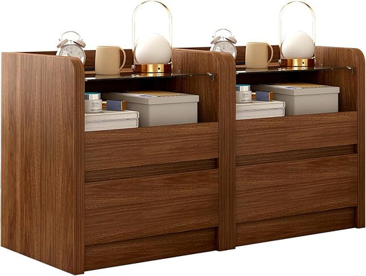 Walnut Nightstand Set of 2 with Charging Station, 20 Inch Wide Night Stand with Drawers, Modern Bedroom Bedside End Table with Round Corners & Reinforced Panel for Dorm, Sofa, Office, Living Room
