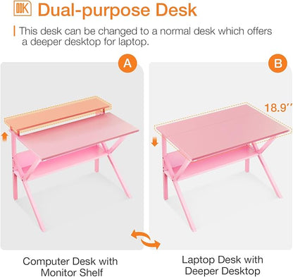 ODK Small Desk, 27.5 Inch Computer Desk for Small Spaces, Study Desk with Storage & Monitor Stand, Pink