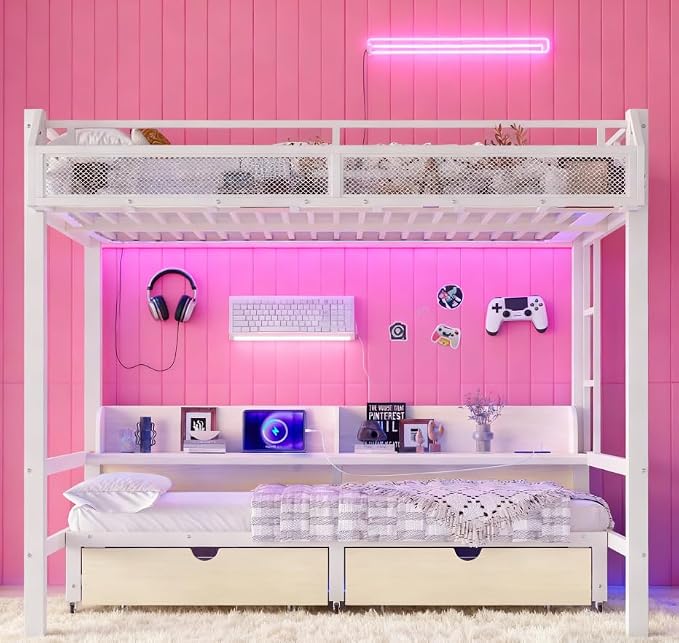 Bellemave Bunk Bed Queen Over Queen，Metal Bunk beds with Storage Shelves and Drawers USB Ports and LED Lights, Lower Bed That can be Converted into a Sofa, White