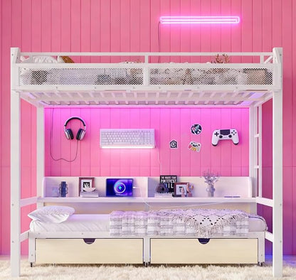 Bellemave Bunk Bed Queen Over Queen，Metal Bunk beds with Storage Shelves and Drawers USB Ports and LED Lights, Lower Bed That can be Converted into a Sofa, White