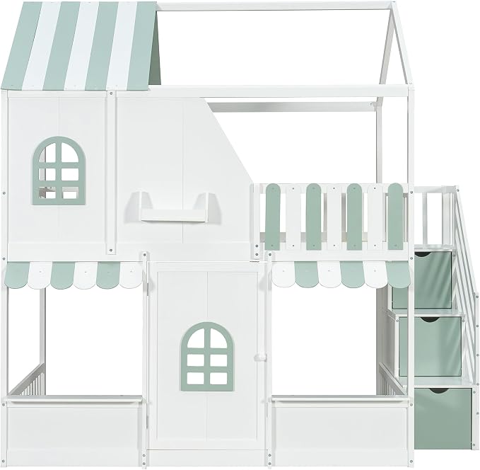 Merax Full Over Full Wood House Bunk Bed Frame with Storage Staircase & Shelves, Modern Low Bunk Bed with Solid Slats, Guardrail, No Box Spring Required, Easy Assembly,Playhouse Design,White+Green