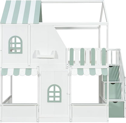 Merax Full Over Full Wood House Bunk Bed Frame with Storage Staircase & Shelves, Modern Low Bunk Bed with Solid Slats, Guardrail, No Box Spring Required, Easy Assembly,Playhouse Design,White+Green