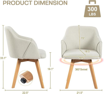 Swivel Dining Chairs Set of 2, Mid Century Modern Dining Chairs with Arms and Wood Legs, Linen Fabric Upholstered Kitchen Chairs for Dining Room Living Room, Comfortable Widen Seat, Beige