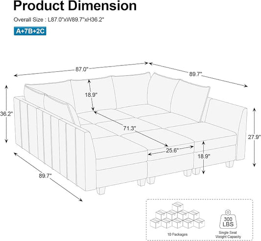 Belffin Large Modular Sectional Sofa Sleeper Couch with Storage Velvet Sectional Sofa Bed for Living Room, 9 Seats, Black