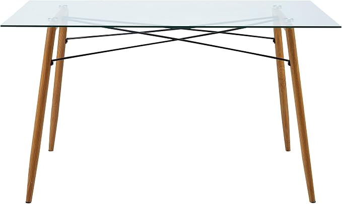 Teamson Home Minimalista Modern Glass Top Dining Table with Metal Legs for Kitchen Living Room Study Home Office, 30 inch Height, Glass/Wood
