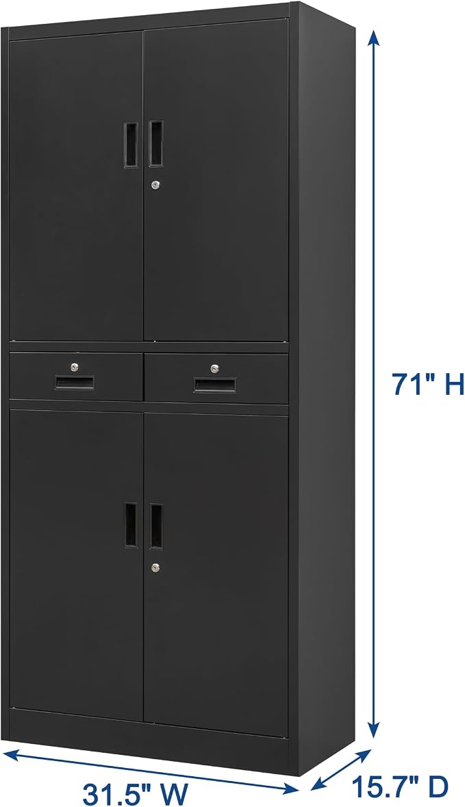 Wanfu Metal Storage Cabinet, 71" Locking Storage Cabinet with Adjustable Shelves and 2 Drawers, Steel Cabinets for Office, Garage, Home, School, Utility Room(Black)
