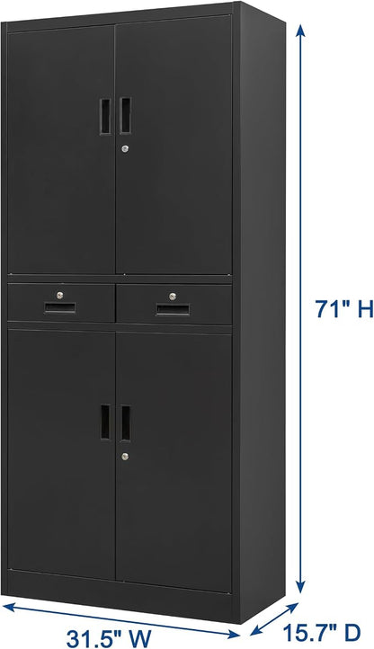 Wanfu Metal Storage Cabinet, 71" Locking Storage Cabinet with Adjustable Shelves and 2 Drawers, Steel Cabinets for Office, Garage, Home, School, Utility Room(Black)