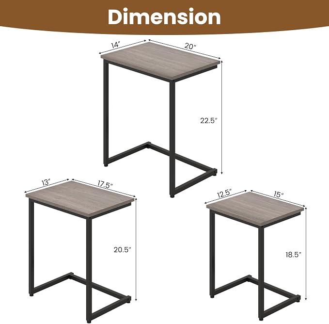 GOFLAME Nesting Coffee Tables Set of 3, Rectangular Nesting Center Table with Wood Grain Top & Metal Frame, Modern C-Shaped Nested Side Table Set for Living Room, Bedroom, Black & Oak