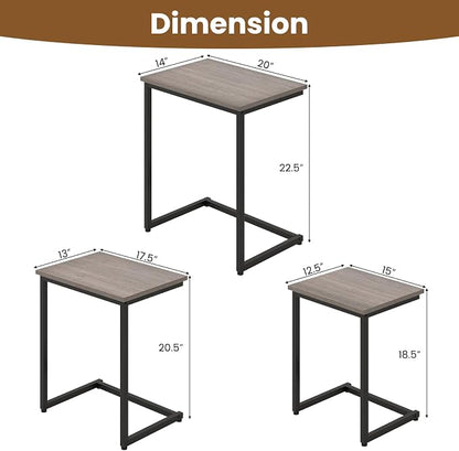 GOFLAME Nesting Coffee Tables Set of 3, Rectangular Nesting Center Table with Wood Grain Top & Metal Frame, Modern C-Shaped Nested Side Table Set for Living Room, Bedroom, Black & Oak