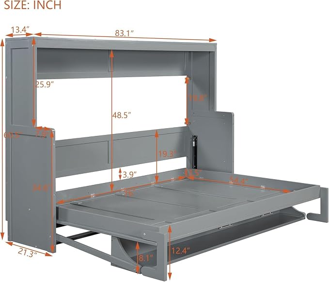 Virubi Full Horizontal Murphy Bed with Desk,Solid Wood Folding Hideaway Murphy Wall Bed for Adult,Guest Room (Grey,Full)
