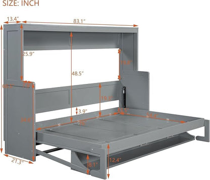 Virubi Full Horizontal Murphy Bed with Desk,Solid Wood Folding Hideaway Murphy Wall Bed for Adult,Guest Room (Grey,Full)