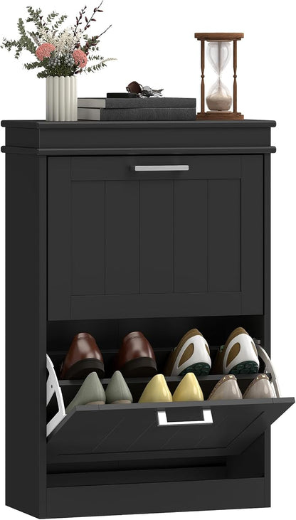 HOMCOM Narrow Shoe Cabinet with 2 Flip Drawers, Modern Freestanding Shoe Storage Cabinet with Adjustable Shelves for Entryway, Hallway, Black