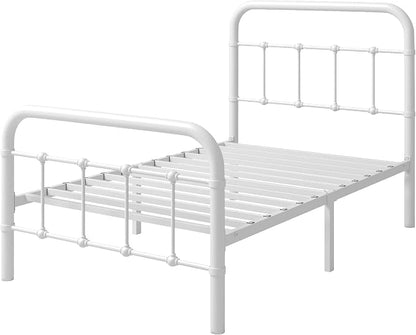 Allewie Twin Size Metal Platform Bed Frame with Victorian Style Wrought Iron-Art Headboard/Footboard, No Box Spring Required, White
