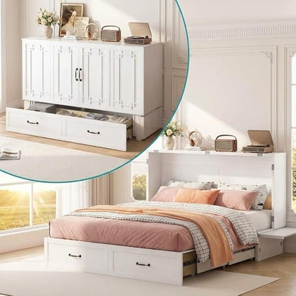 BALUS Queen Murphy Bed with Mattress, Cabinet Bed with Mattress & USB Charging Ports & Storage Drawers, Space-Saving Chest Murphy Beds, Hidden Cabinet Beds for Bedroom, Office - White