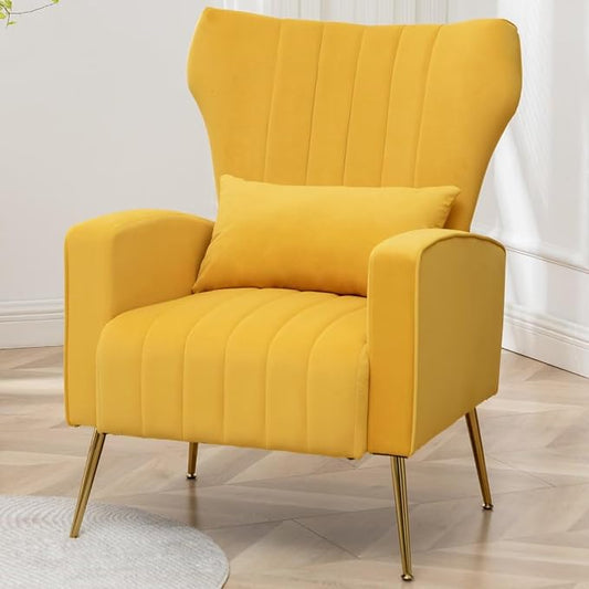 Accent Chair High Back Arm Chair for Living Room, Upholstered Wingback Armchair with Golden Legs Lumbar Pillow, Single Sofa Reading Chair for Bedroom, Apartment, Small Spaces Velvet Yellow