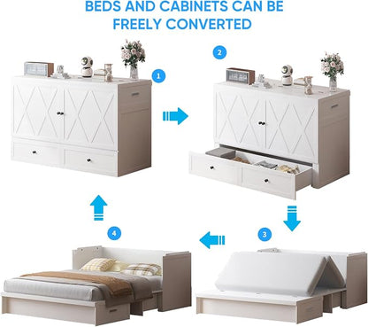 PUREMIND Murphy Bed Queen with Mattress Included, X-Farmhouse Frames Cabinet Beds Chest with Charging Station & Storage Drawers, Convertible Hideaway Cabinet Bed for Guest Room, White