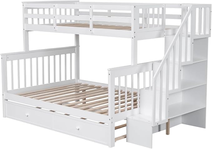 MERITLINE Twin Over Full Bunk Bed with Trundle, Storage Staircase,Solid Wood Bunk Bed with Stairs Box and Guardrail, No Spring Box Needed (White &Trundle,Twin Over Full)