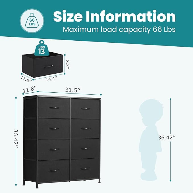 DUMOS 8 Drawer Dresser for Bedroom, Fabric Storage Organizer with Sturdy Metal Frame, Wooden Top Chest of Drawers for Closet Entryway Guest Room,Matte Black