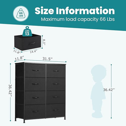 DUMOS 8 Drawer Dresser for Bedroom, Fabric Storage Organizer with Sturdy Metal Frame, Wooden Top Chest of Drawers for Closet Entryway Guest Room,Matte Black