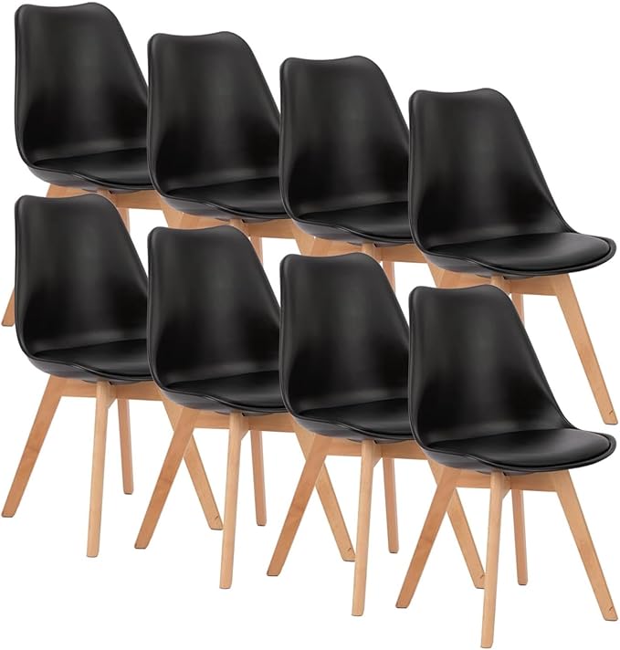 OLIXIS Dining Chairs Set of 8, Mid Century Modern Kitchen Chairs with Curved Backrest and Wood Legs, PU Leather Upholstered Accent Chair for Living Room, Bedroom, Outdoor Patio, Black