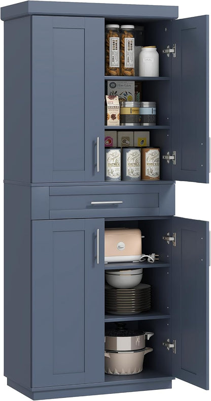 HOMCOM 72" Kitchen Pantry Cabinet, Freestanding Tall Storage Cabinet with 4 Doors, Drawer and 3 Adjustable Shelves for Dining Room, Navy Blue
