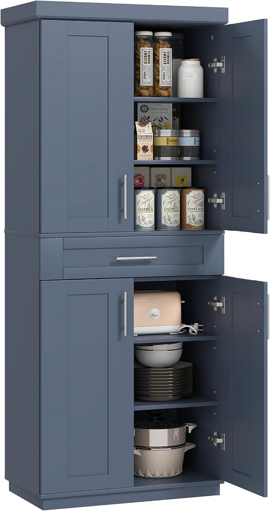HOMCOM 72" Kitchen Pantry Cabinet, Freestanding Tall Storage Cabinet with 4 Doors, Drawer and 3 Adjustable Shelves for Dining Room, Navy Blue