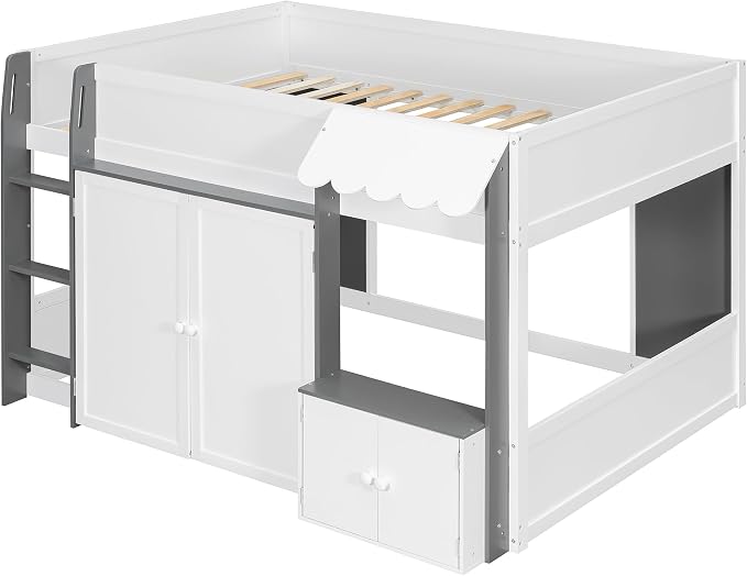 Bellemave Full Size Low loft Bed for Kids,Wood Modern Farmhouse Full Loft Bed with Storage Cabinets, No Box Spring Needed, White+Gray