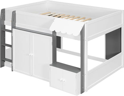Bellemave Full Size Low loft Bed for Kids,Wood Modern Farmhouse Full Loft Bed with Storage Cabinets, No Box Spring Needed, White+Gray