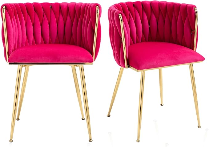 Velvet Dining Chairs Set of 2, Modern Upholstered Dining Room Chairs with Golden Metal Legs and Woven Backrest for Dining Room, Kitchen, Vanity, Living Room (Rose Red)