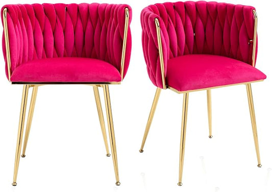 Velvet Dining Chairs Set of 2, Modern Upholstered Dining Room Chairs with Golden Metal Legs and Woven Backrest for Dining Room, Kitchen, Vanity, Living Room (Rose Red)