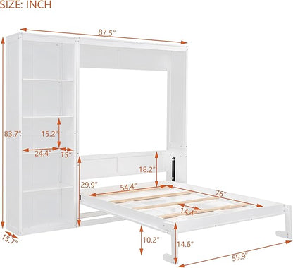 Merax Space-Saving White Murphy Bed Full Size with Adjustable Storage Shelves, Multifunctional Foldable Wall Bed for Small Spaces Studio Study Office Guest Room