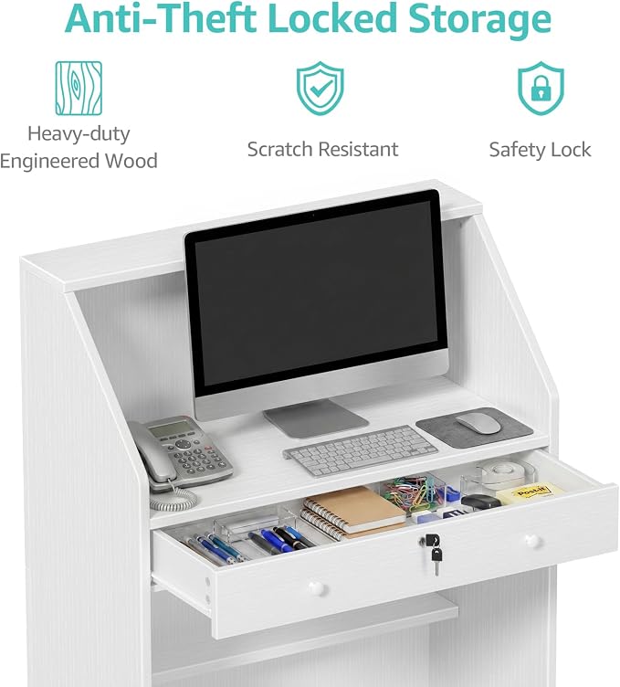 31.5 Inch Small White Reception Desk with Drawer for Salon Front Modern Standing Receptionist Room Tables Checkout Counter for Office