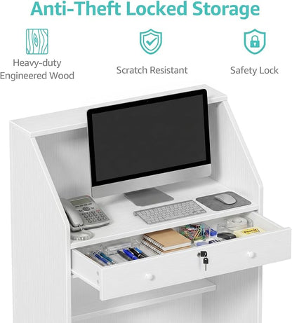 31.5 Inch Small White Reception Desk with Drawer for Salon Front Modern Standing Receptionist Room Tables Checkout Counter for Office