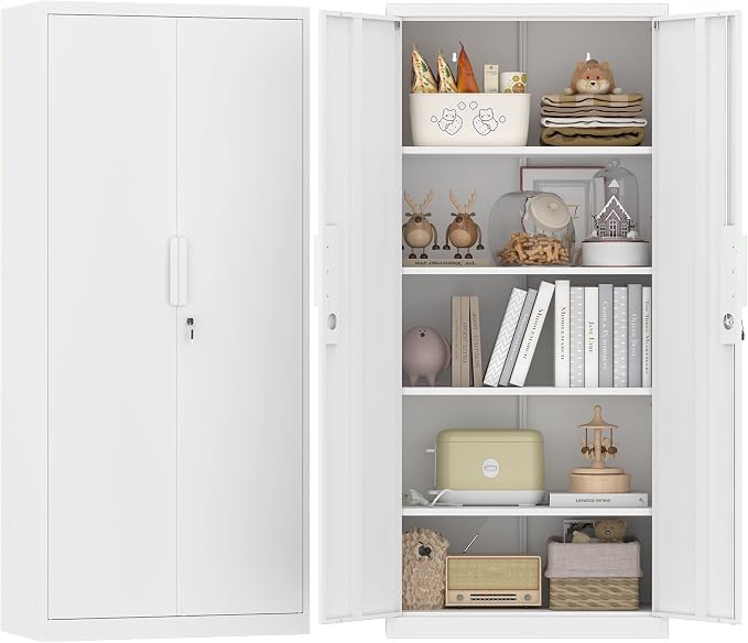 GREATMEET Metal Garage Storage Cabinets with Lock Door and Adjustable Shelves, 71'' x 32'' x 17'' White Steel Tool Cabinets for Home Office Warehouse