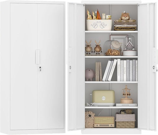 GREATMEET Metal Garage Storage Cabinets with Lock Door and Adjustable Shelves, 71'' x 32'' x 17'' White Steel Tool Cabinets for Home Office Warehouse