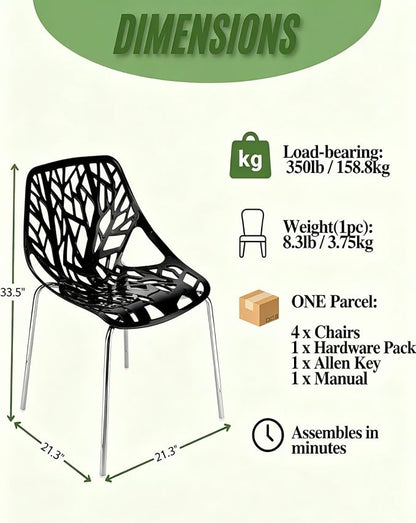 Karl home Stackable Dining Chairs Set of 4, 3-Step Assembly, 350LBS, Black | Bird's nest trunk pattern, robust metal frame, 350lbs capacity, plastic construction, for kitchen/dining/bedroom/living room