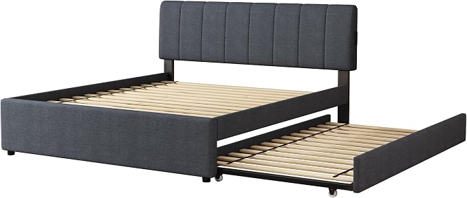 Queen Size Upholstered Platform Bed with Pull-Out Trundle Bed | Twin Size Trundle, LED Lighting Controlled by APP, USB+Type-C Charging Ports, Linen Upholstered Bed Frame,Dark Grey