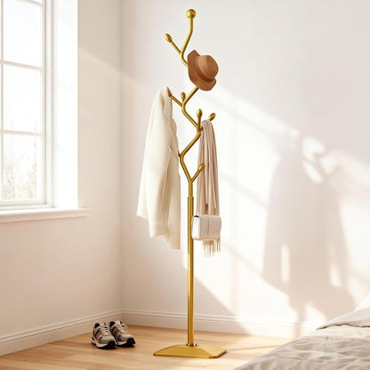 Tree-shaped coat rack stand,Metal coat tree with 8 Hooks and sturdy cast iron base,Heavy Duty coat rack freestanding coat hanger stand for Clothes Hats Scarfs Purses (gold)