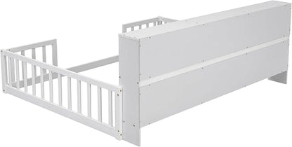 Bellemave Kids Montessori Floor Bed,Full Size Floor Bed with Bookcase and Shelves,Full Bed Frame with Guardrails for Kids,Girls,Boys,Full,White