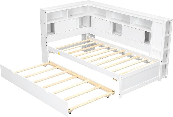 Bellemave Twin Corner Bed Frame with USB Ports, Wood Twin Size Daybed with L-Shaped Bookcase and Trundle，Daybed with Storage Cabinets, White