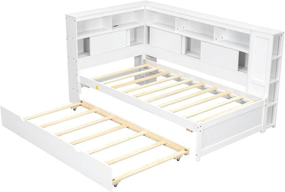 Bellemave Twin Corner Bed Frame with USB Ports, Wood Twin Size Daybed with L-Shaped Bookcase and Trundle，Daybed with Storage Cabinets, White
