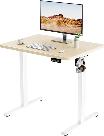 ERGOMAKER Electric Standing Desk, 31.5" x 23.6" Height Adjustable Sit Stand Desk with Splice Board for Home Office, Computer Desk Memory Preset (White Frame, Gold Oak Desktop)