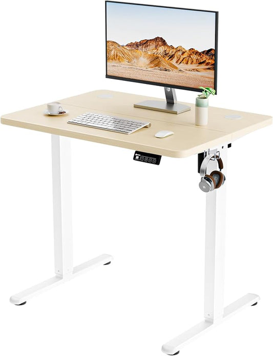 ERGOMAKER Electric Standing Desk, 31.5" x 23.6" Height Adjustable Sit Stand Desk with Splice Board for Home Office, Computer Desk Memory Preset (White Frame, Gold Oak Desktop)