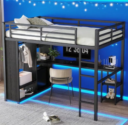 Bellemave Twin XL Loft Bed with Desk, Wardrobe, Metal Twin XL Loft Bed Frame for Adults, Kids, Teens, Black
