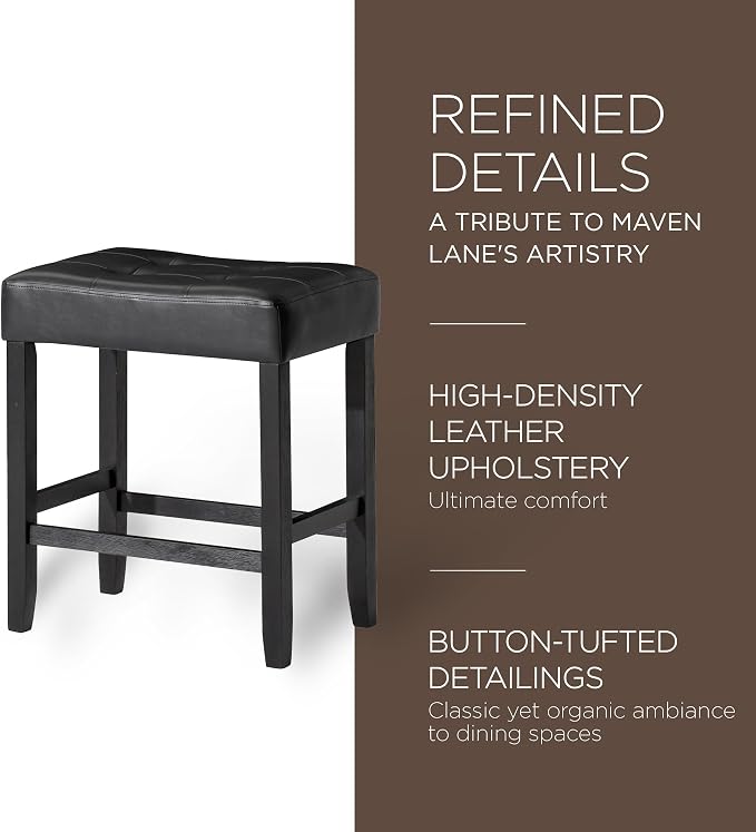 Carte: A La Carte Home Harper 26 Inch Tall Counter Height Backless Stool in Rustic Black Finish, Distressed Black Vegan Leather Upholstered Seat, Set of 2