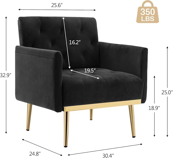 Black Accent Chair, Upholstered Velvet Armchair Comfy Modern Single Sofa Side Chair with arms and Metal Legs for Living Room Bedroom Reading
